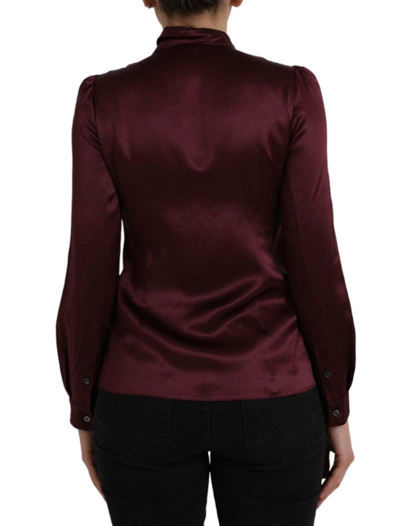 Dolce & Gabbana Maroon Ascot Collar Long Sleeve Top Blouse - Arichezz.store