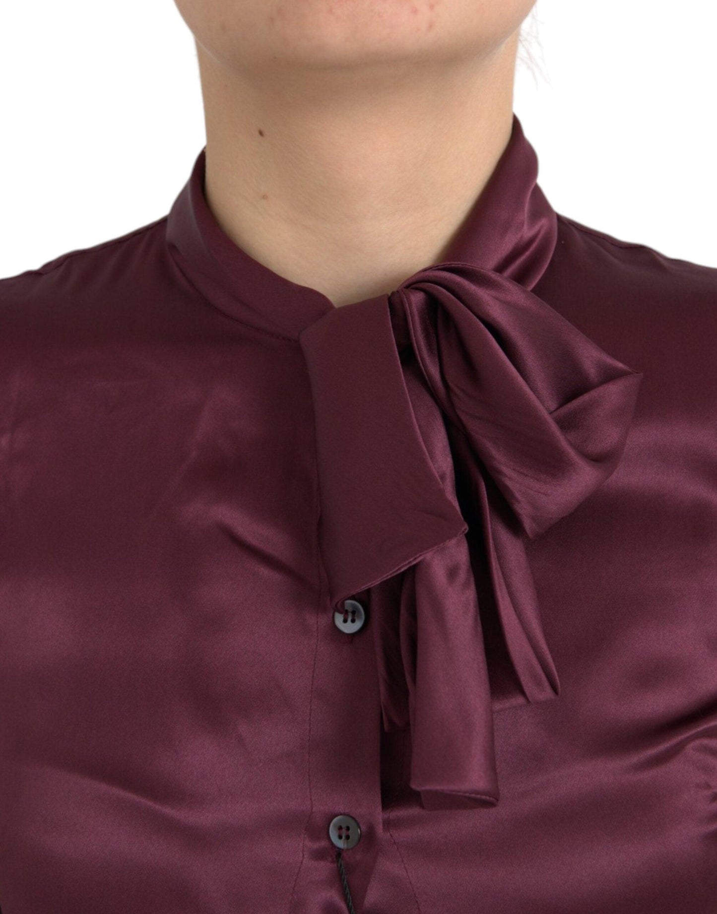 Dolce & Gabbana Maroon Ascot Collar Long Sleeve Top Blouse - Arichezz.store