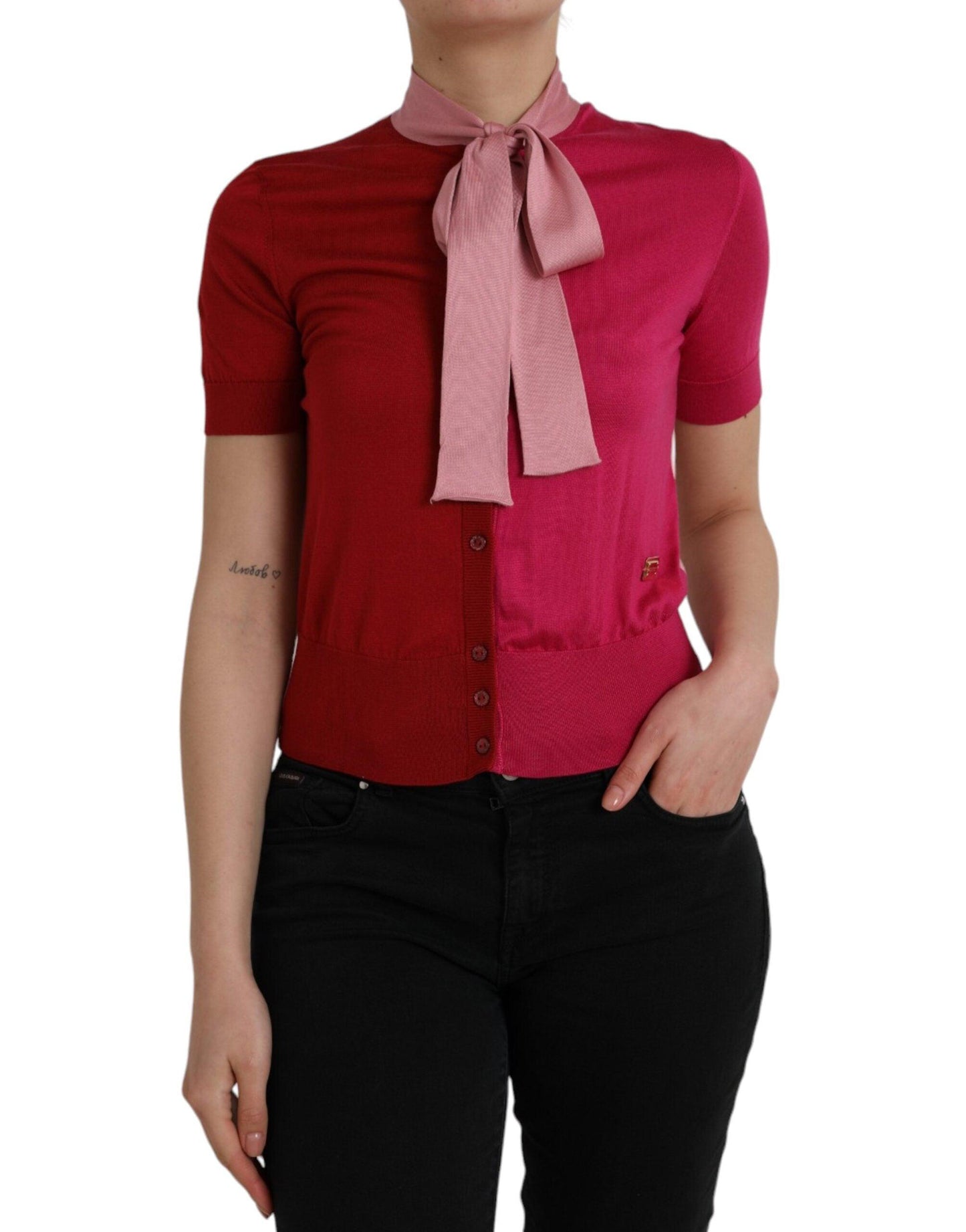 Dolce & Gabbana Pink Short Sleeves Pullover Ascot Collar Top - Arichezz.store