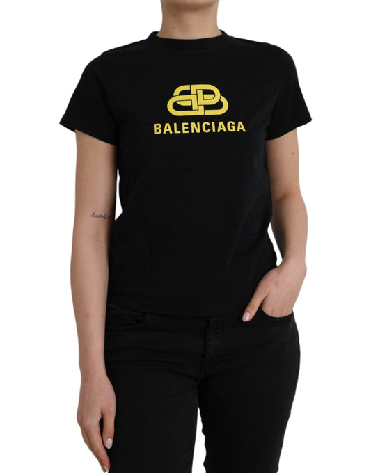 Balenciaga Black Cotton Logo Print Crew Neck Short Sleeves T-shirt - Arichezz.store