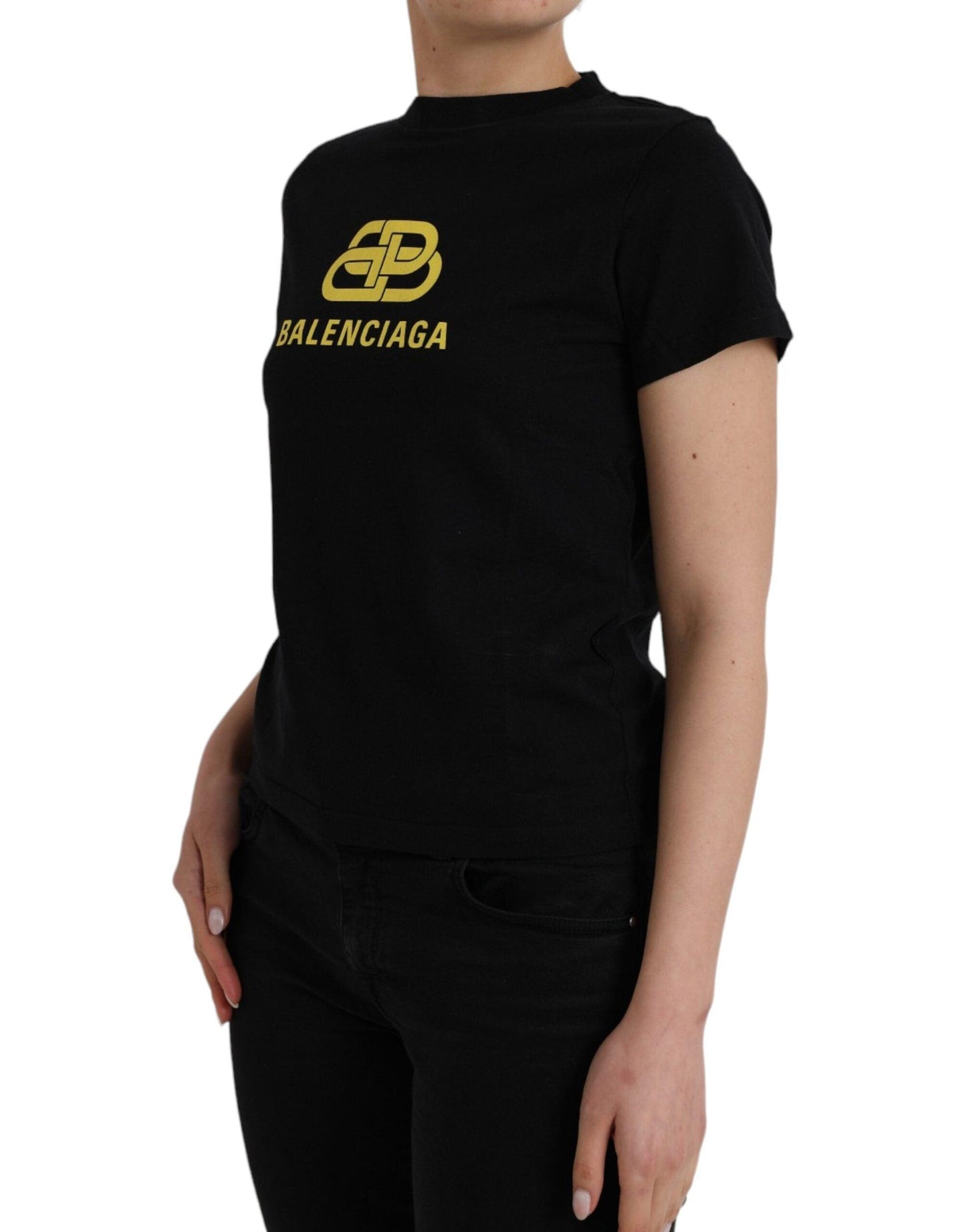 Balenciaga Black Cotton Logo Print Crew Neck Short Sleeves T-shirt - Arichezz.store