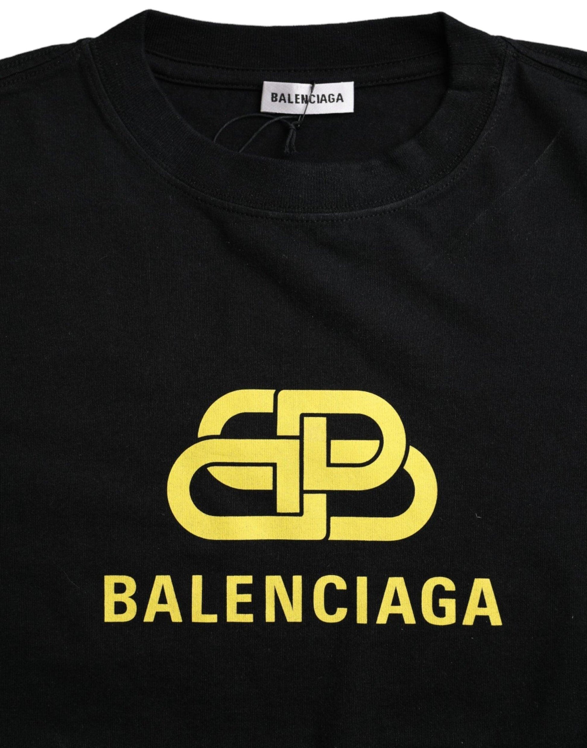 Balenciaga Black Cotton Logo Print Crew Neck Short Sleeves T-shirt - Arichezz.store