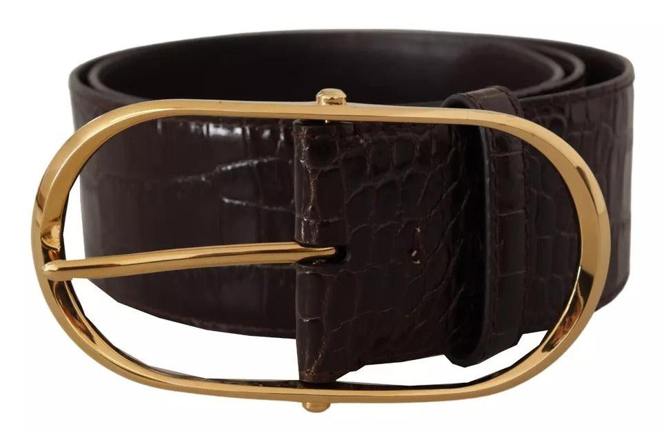 Dolce & Gabbana Brown Crocodile Pattern Leather Gold Oval Buckle Belt - Arichezz.store