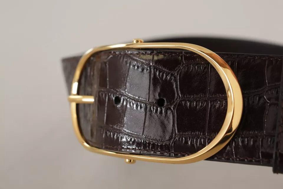 Dolce & Gabbana Brown Crocodile Pattern Leather Gold Oval Buckle Belt - Arichezz.store