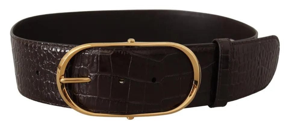 Dolce & Gabbana Brown Crocodile Pattern Leather Gold Oval Buckle Belt - Arichezz.store