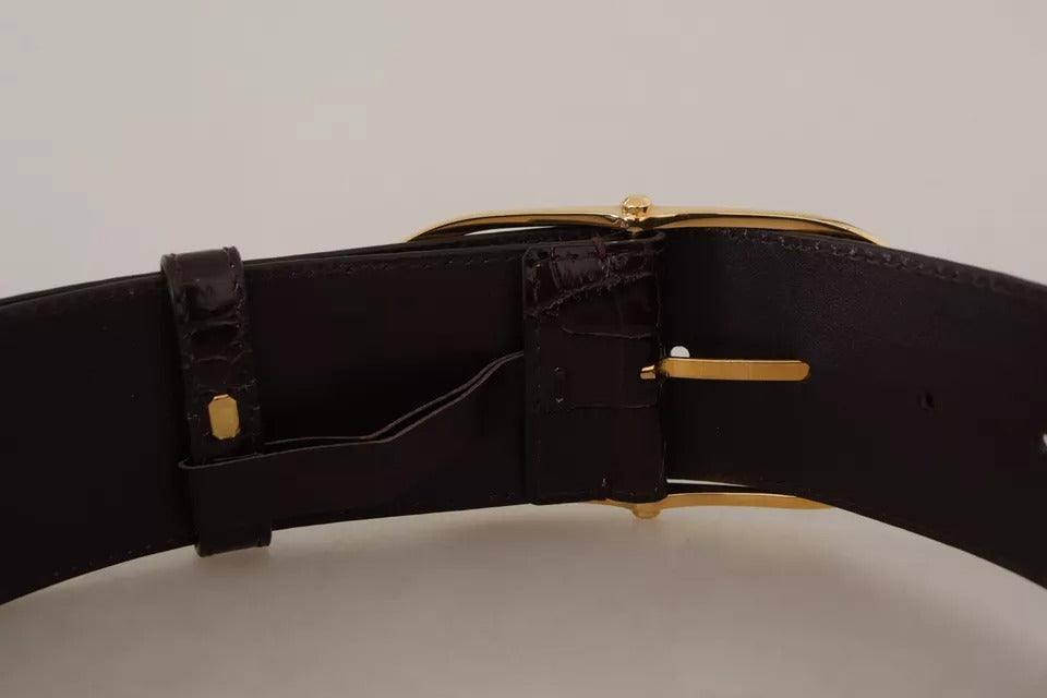 Dolce & Gabbana Brown Crocodile Pattern Leather Gold Oval Buckle Belt - Arichezz.store