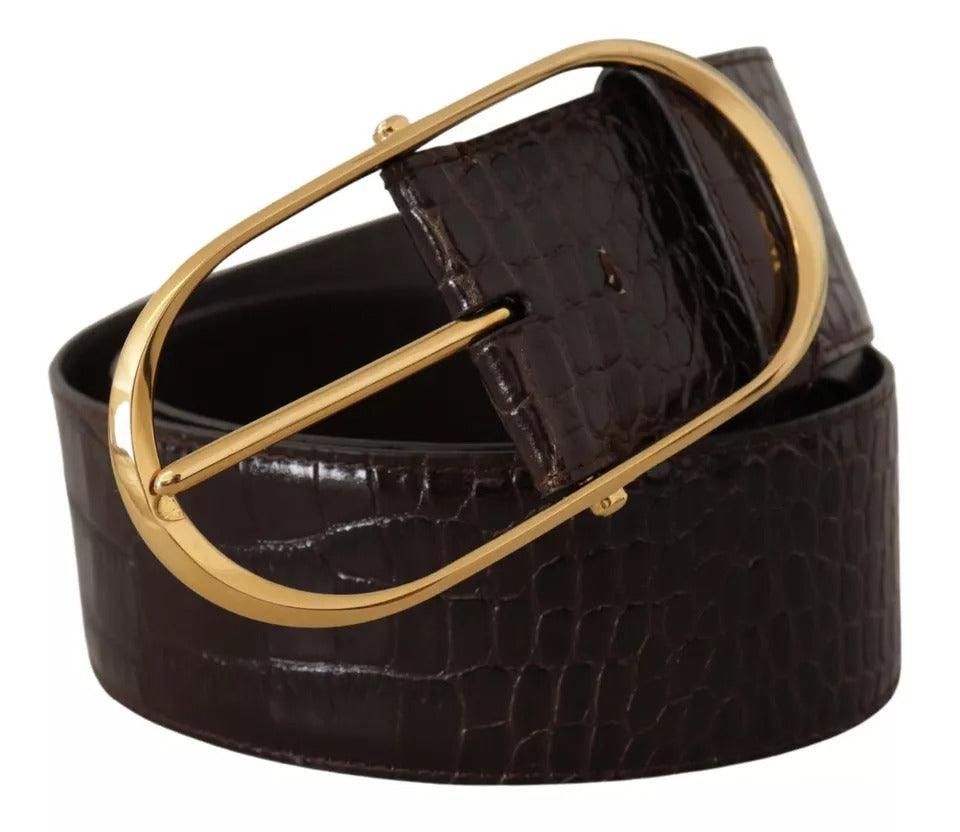 Dolce & Gabbana Brown Crocodile Pattern Leather Gold Oval Buckle Belt - Arichezz.store