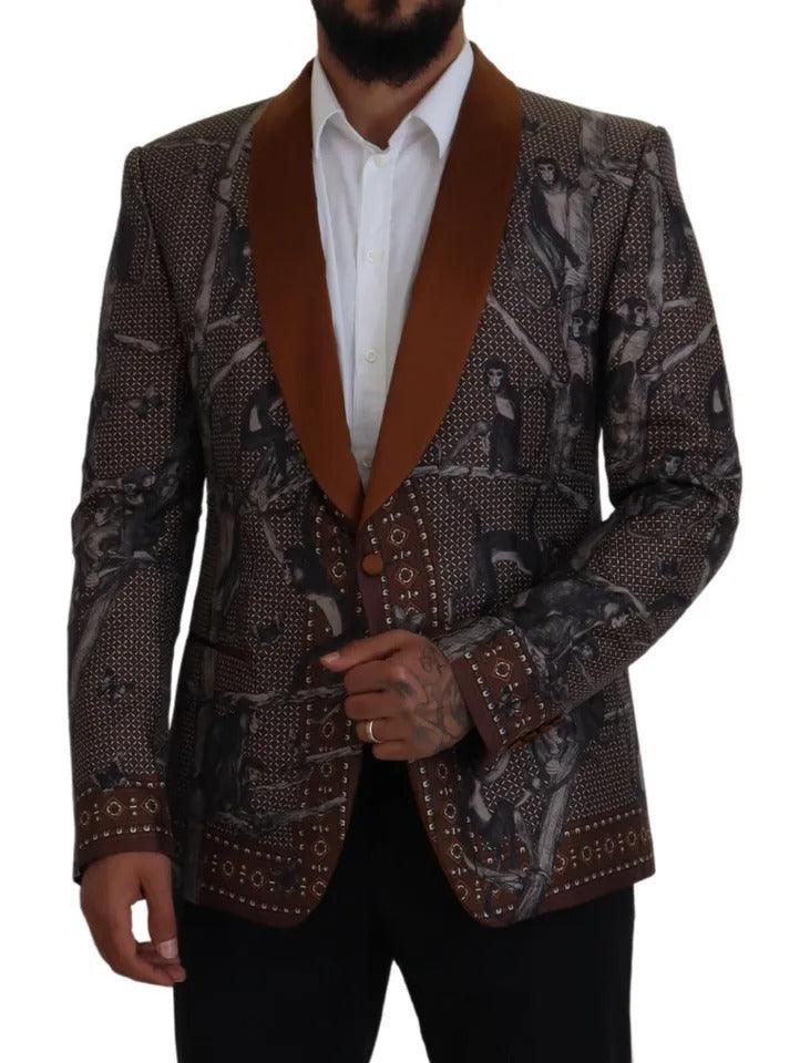 Dolce & Gabbana Bronze Monkey Print Silk Slim Jacket Blazer - Arichezz.store