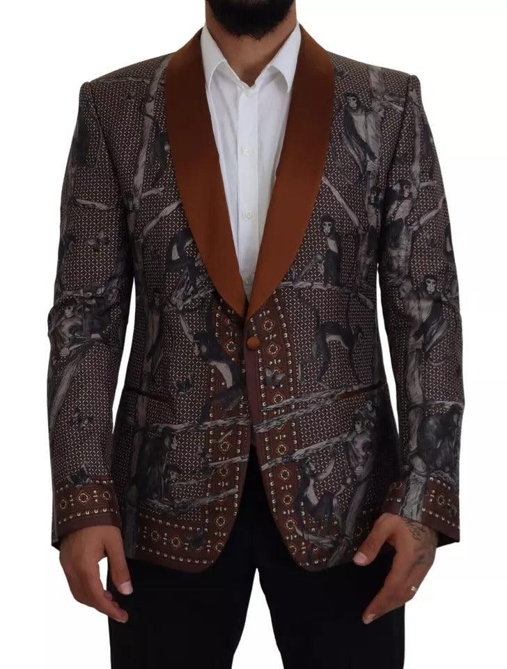 Dolce & Gabbana Bronze Monkey Print Silk Slim Jacket Blazer - Arichezz.store