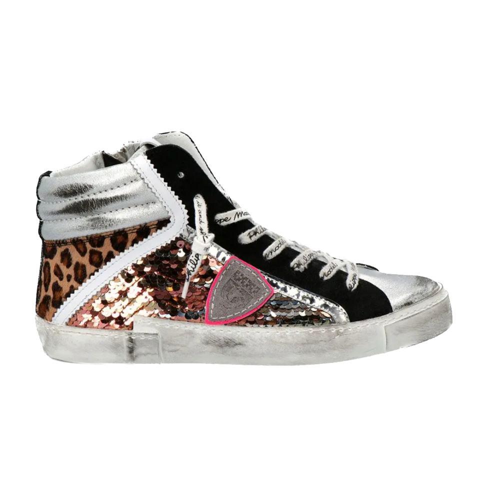 Philippe Model Elegant Gray Leather Sneakers with Sequin Details - Arichezz.store