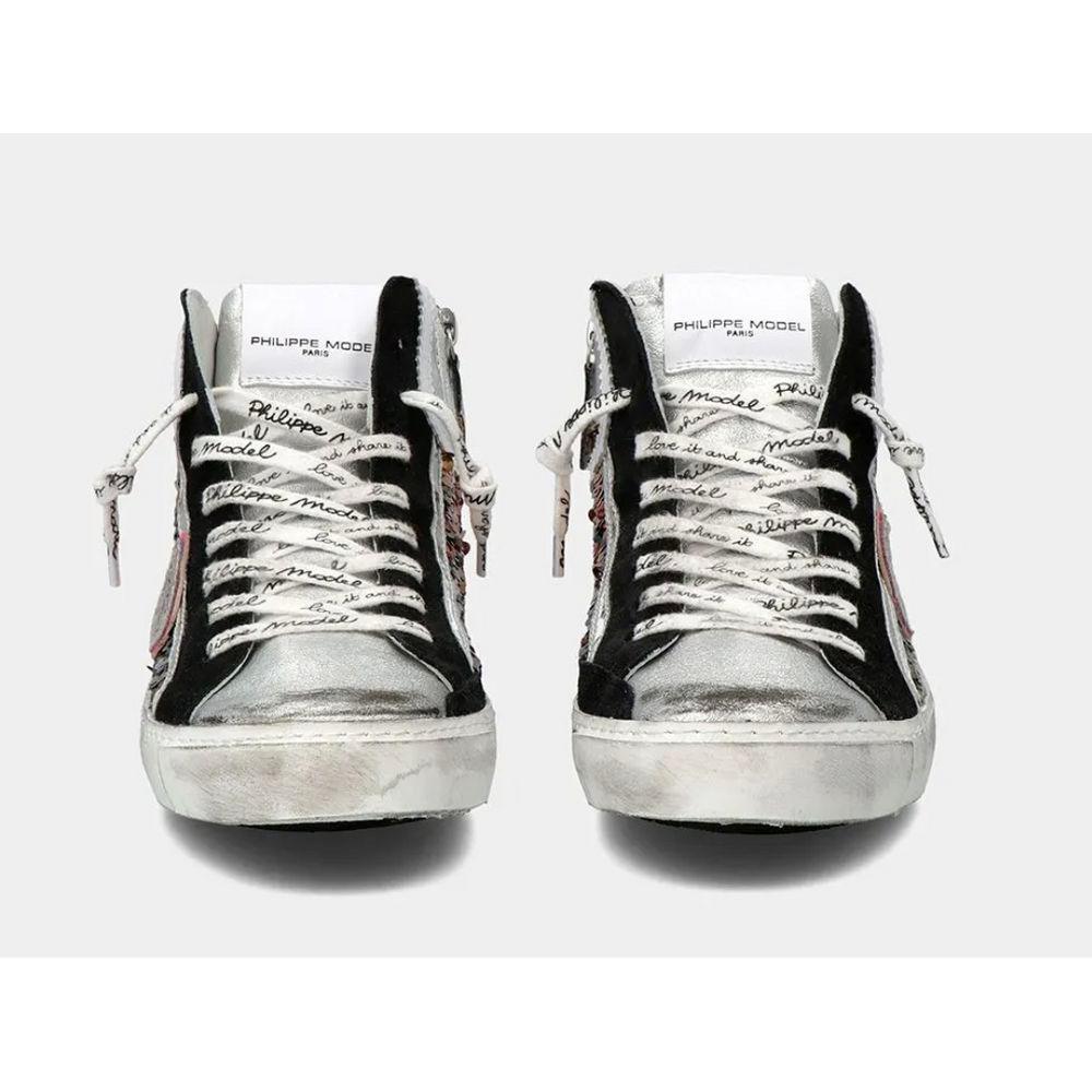 Philippe Model Elegant Gray Leather Sneakers with Sequin Details - Arichezz.store