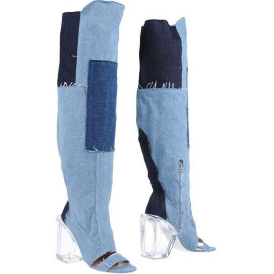 Off-White Chic Vintage Denim & Transparent Heel Boots - Arichezz.store