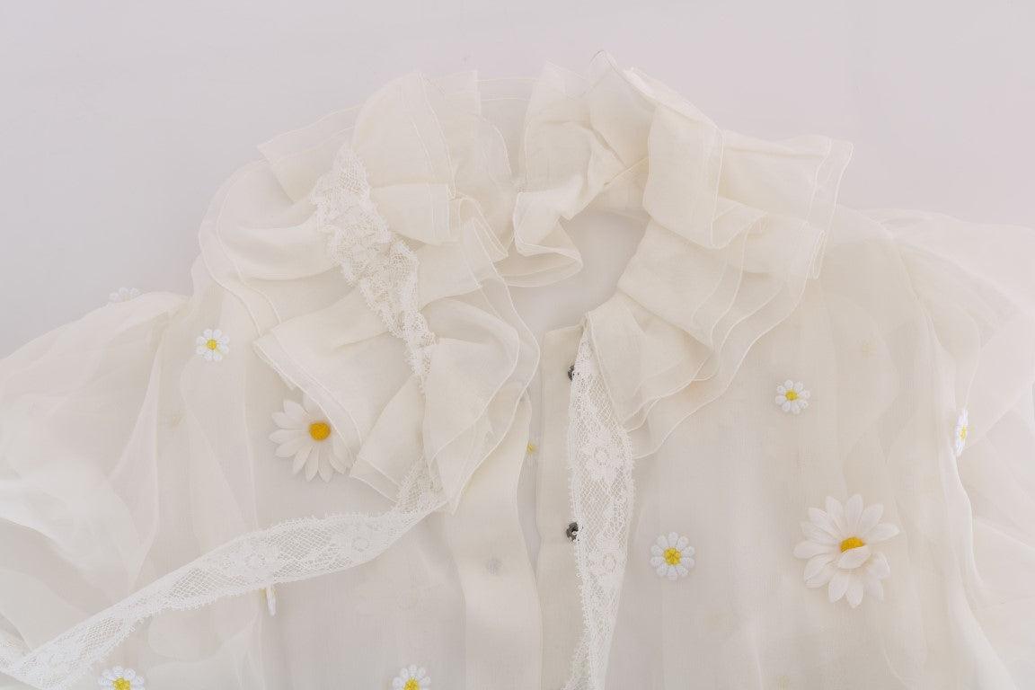 Dolce & Gabbana Elegant White Silk Daisy Blouse - Arichezz.store