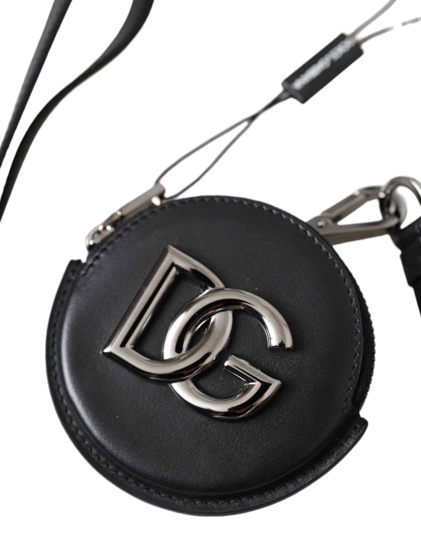 Dolce & Gabbana Black Round Leather DG Logo Coin Purse Lanyard Wallet - Arichezz.store