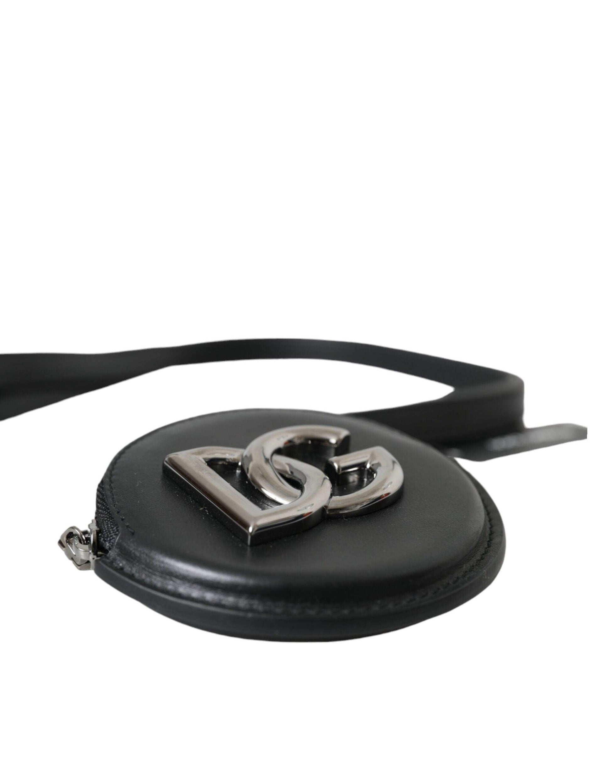 Dolce & Gabbana Black Round Leather DG Logo Coin Purse Lanyard Wallet - Arichezz.store