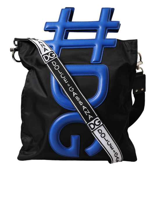 Dolce & Gabbana Black Nylon Blue Leather Hashtag Shopping Tote Bag - Arichezz.store