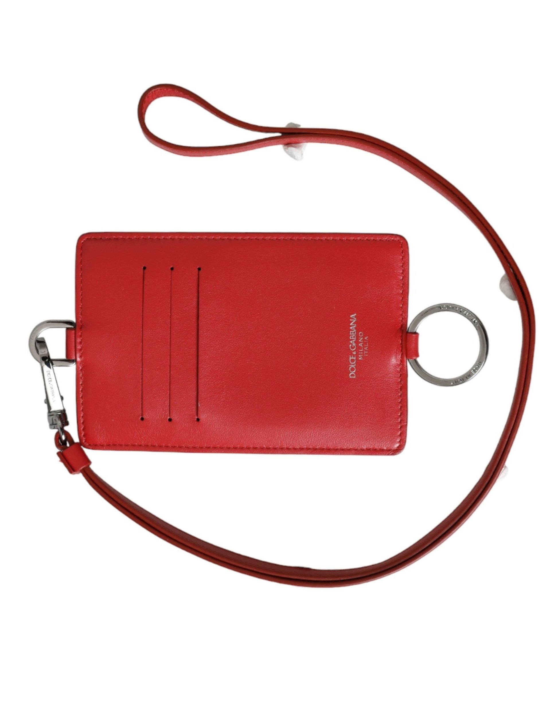 Dolce & Gabbana Red Calfskin Leather Lanyard Logo Card Holder Wallet - Arichezz.store