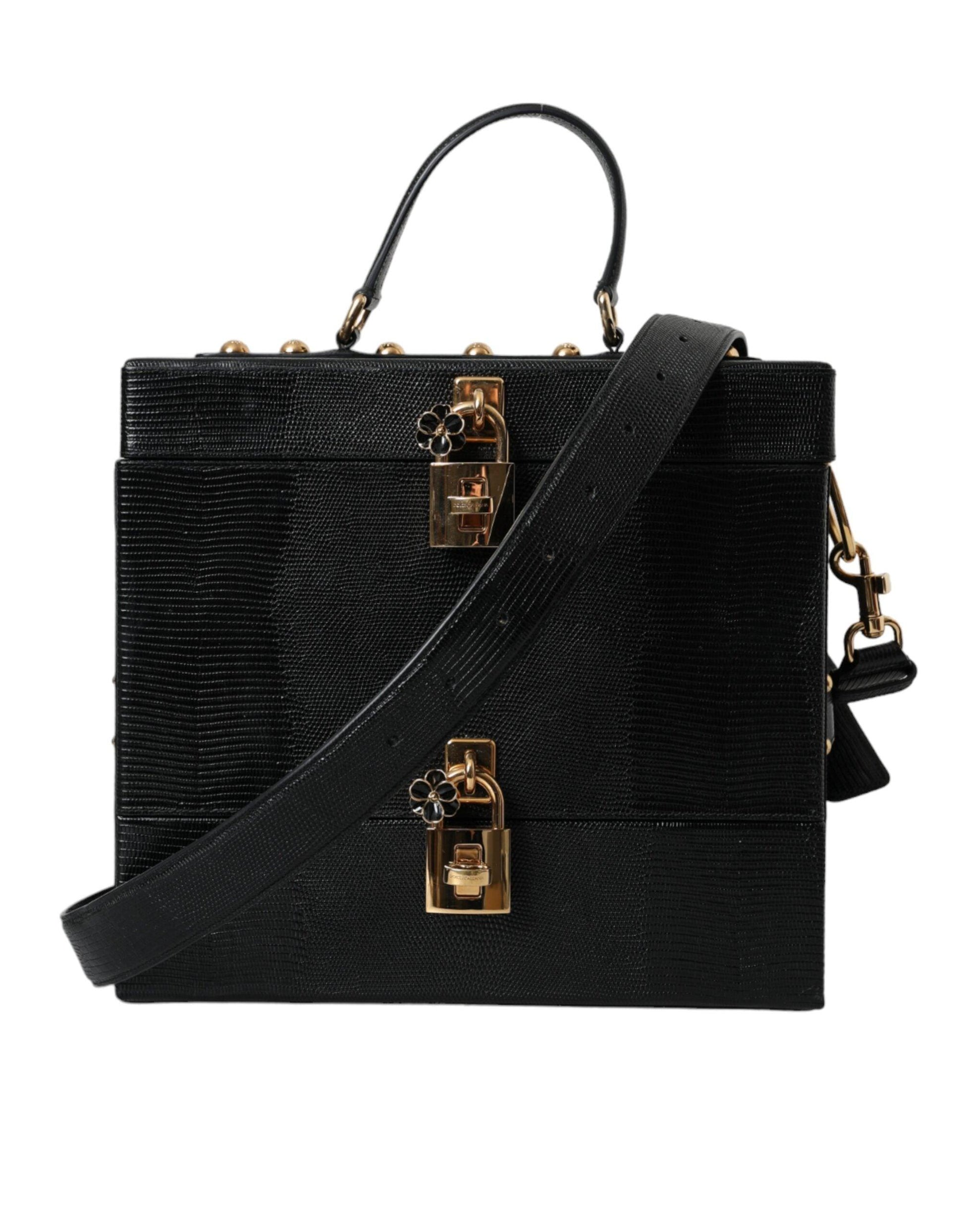 Dolce & Gabbana Black Lizard Embossed Calfskin Leather Double Box Bag - Arichezz.store