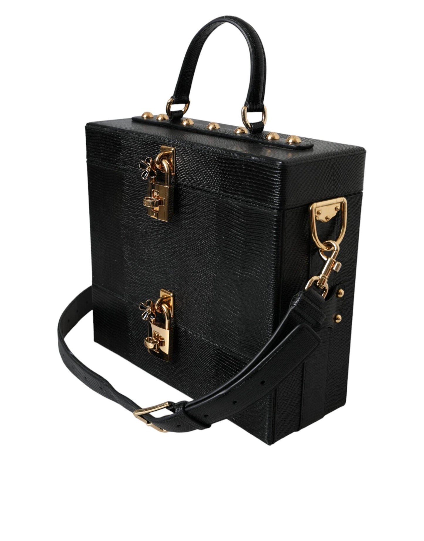 Dolce & Gabbana Black Lizard Embossed Calfskin Leather Double Box Bag - Arichezz.store