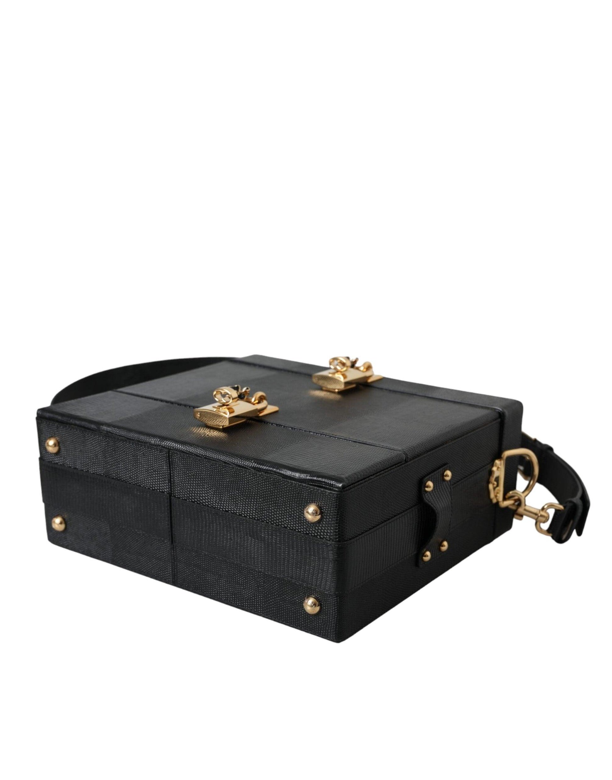 Dolce & Gabbana Black Lizard Embossed Calfskin Leather Double Box Bag - Arichezz.store