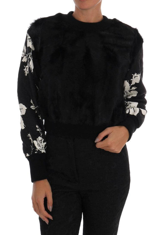 Dolce & Gabbana Floral Brocade Black Fur Sweater - Arichezz.store