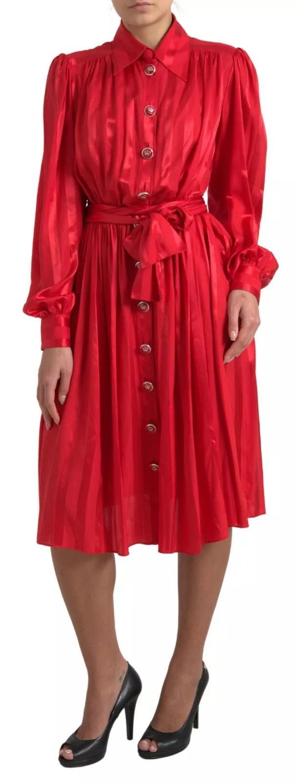 Dolce & Gabbana Elegant Red Silk Midi Dress with Button Detail - Arichezz.store