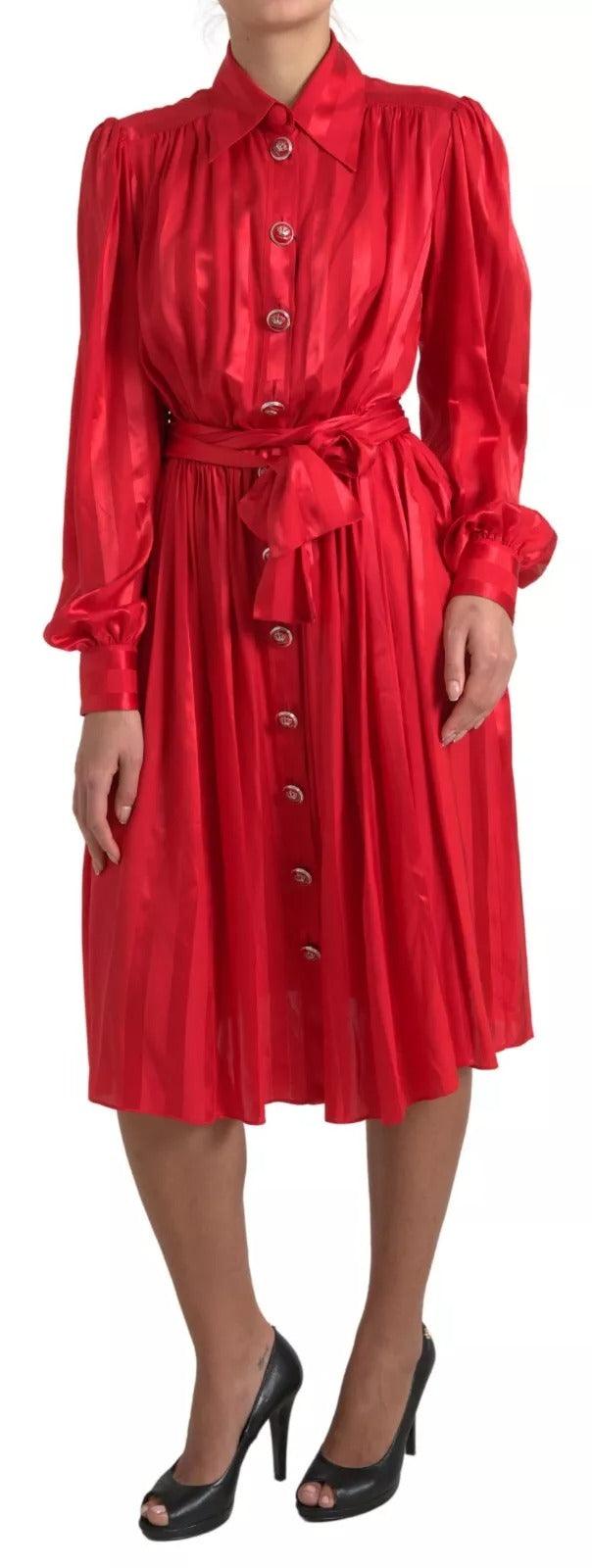 Dolce & Gabbana Elegant Red Silk Midi Dress with Button Detail - Arichezz.store