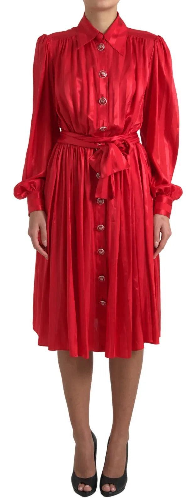 Dolce & Gabbana Elegant Red Silk Midi Dress with Button Detail - Arichezz.store