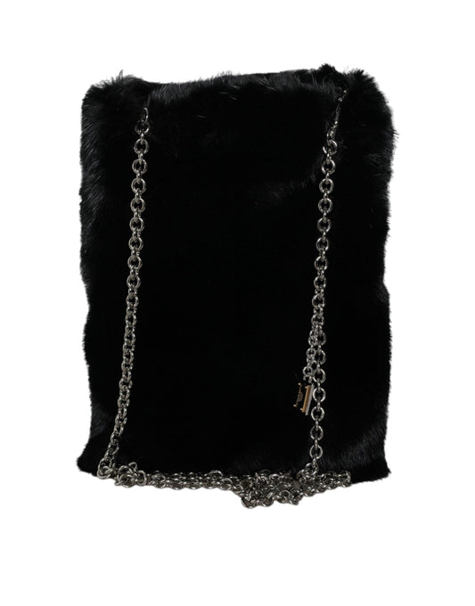 Dolce & Gabbana Black Faux Fur Silver Chain Crossbody Shoulder Purse Bag - Arichezz.store