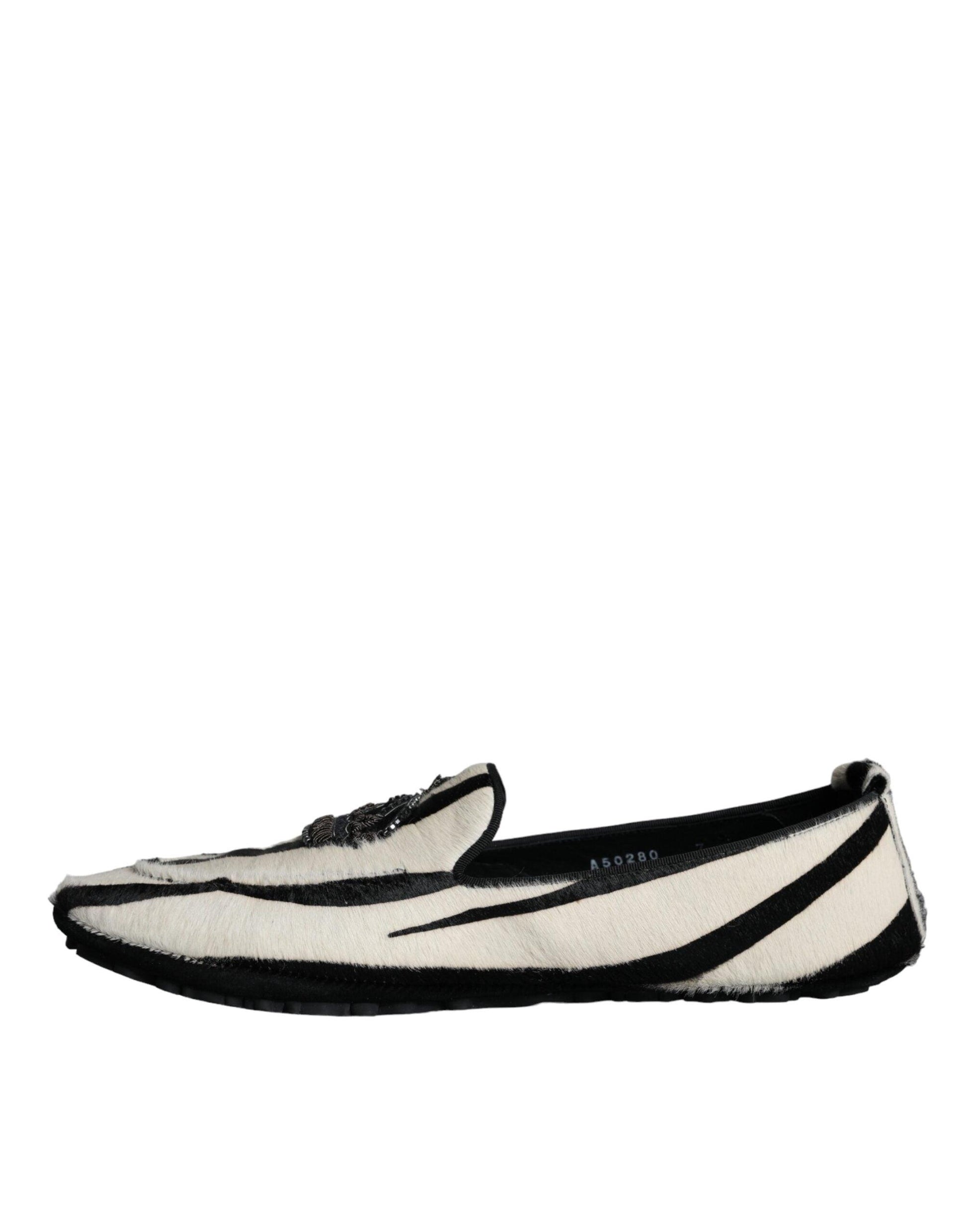 Dolce & Gabbana Black White Calf Fur Slip On Loafers Men Shoes - Arichezz.store