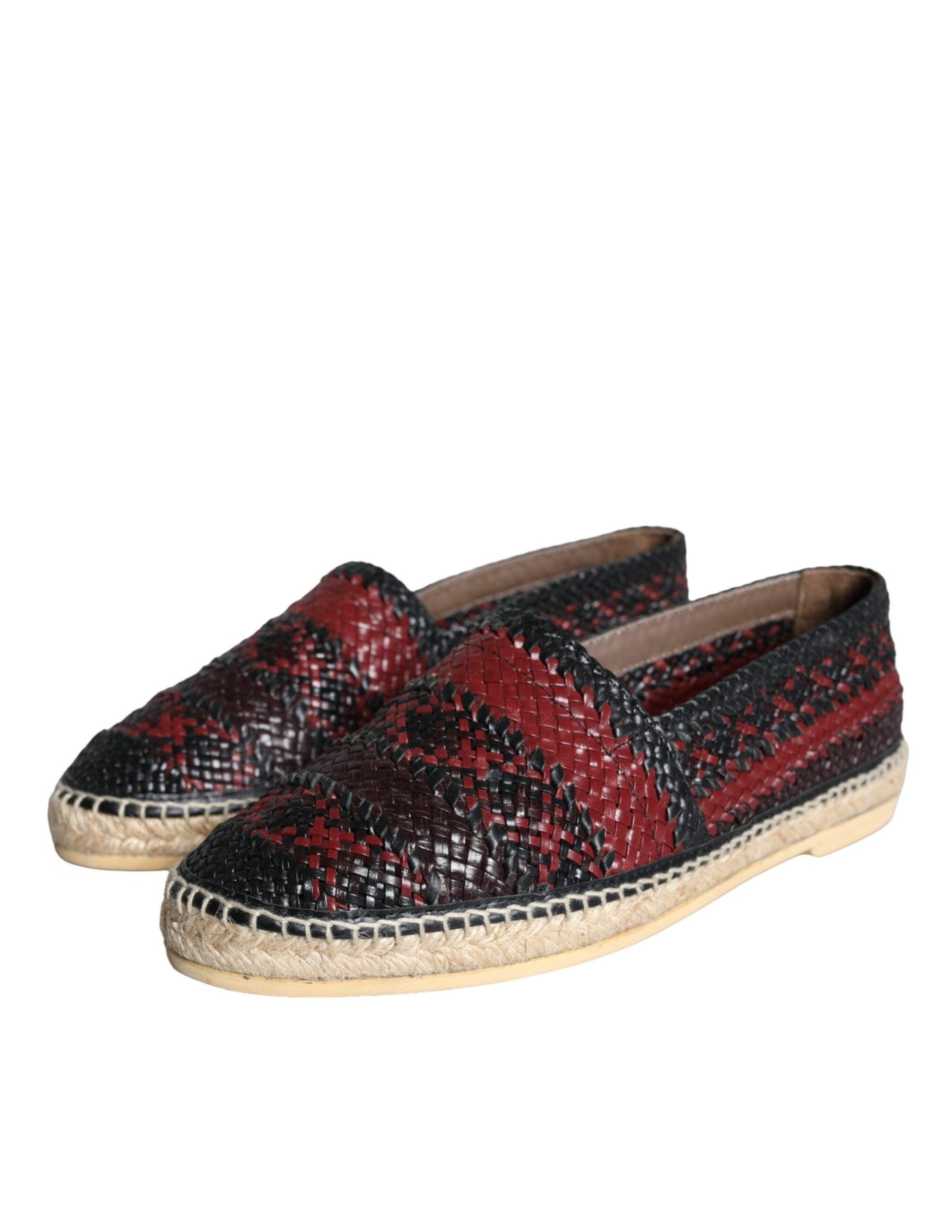 Dolce & Gabbana Black Maroon Woven Leather Buffalo Men Espadrille Shoes - Arichezz.store