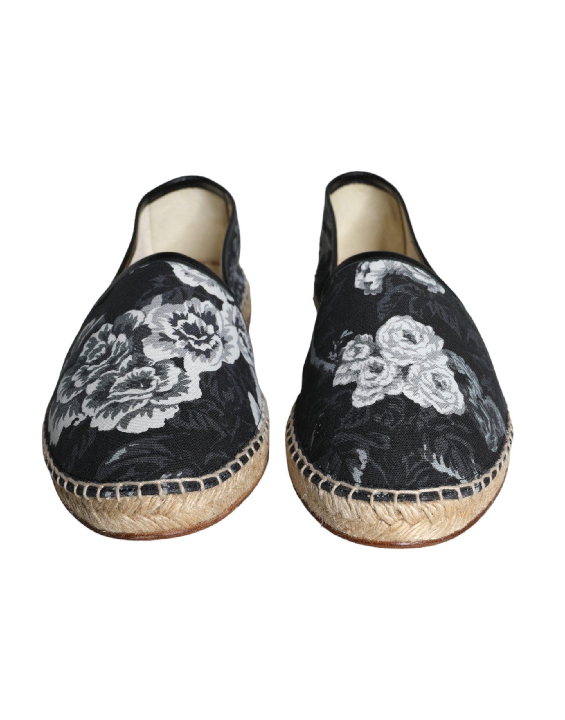 Dolce & Gabbana Black Floral Cotton Leather Espadrilles Shoes - Arichezz.store