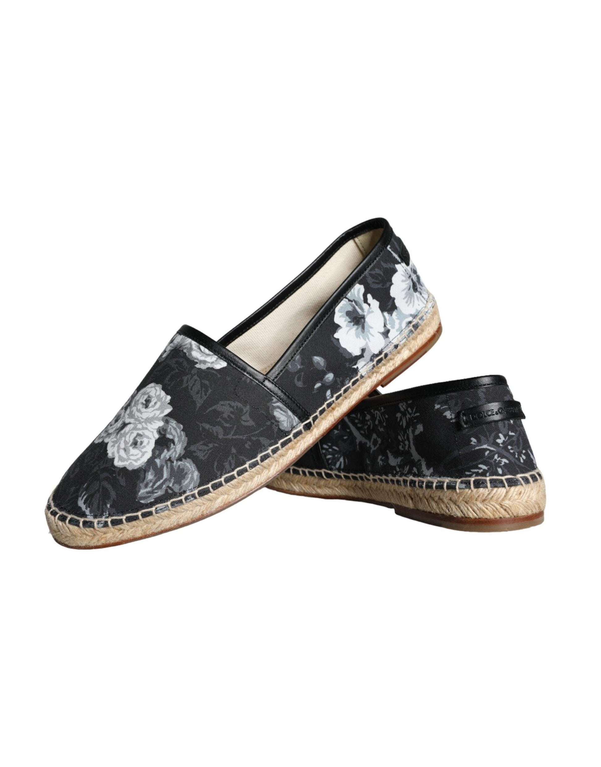 Dolce & Gabbana Black Floral Cotton Leather Espadrilles Shoes - Arichezz.store