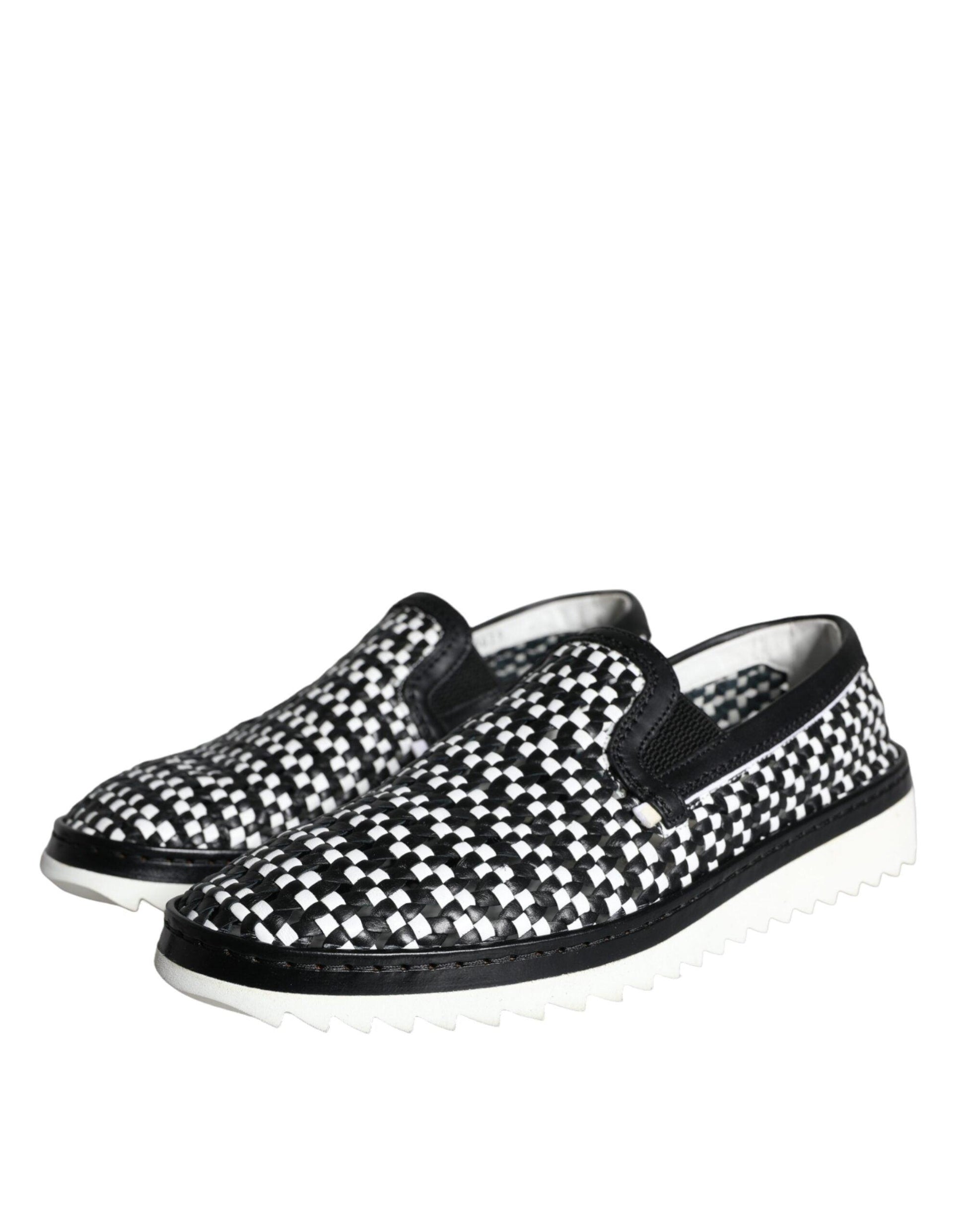 Dolce & Gabbana Black White Weaved Slip On Men Loafers Shoes - Arichezz.store