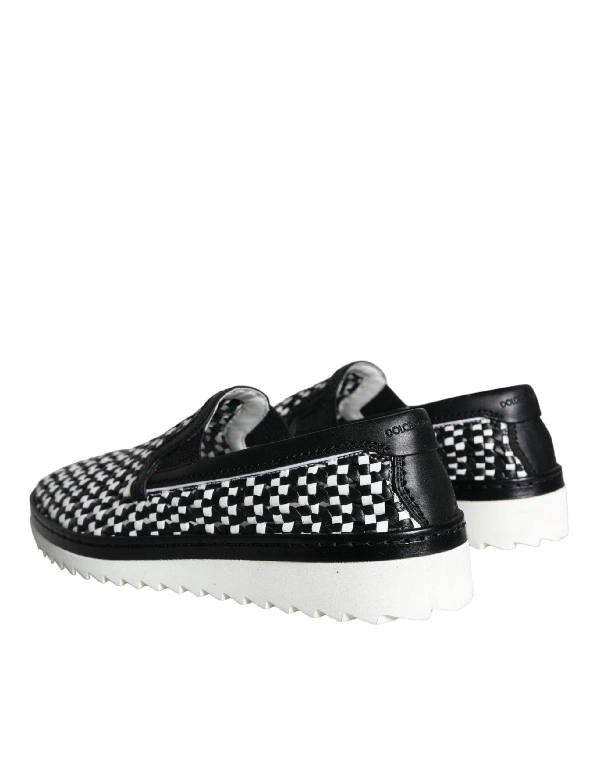 Dolce & Gabbana Black White Weaved Slip On Men Loafers Shoes - Arichezz.store