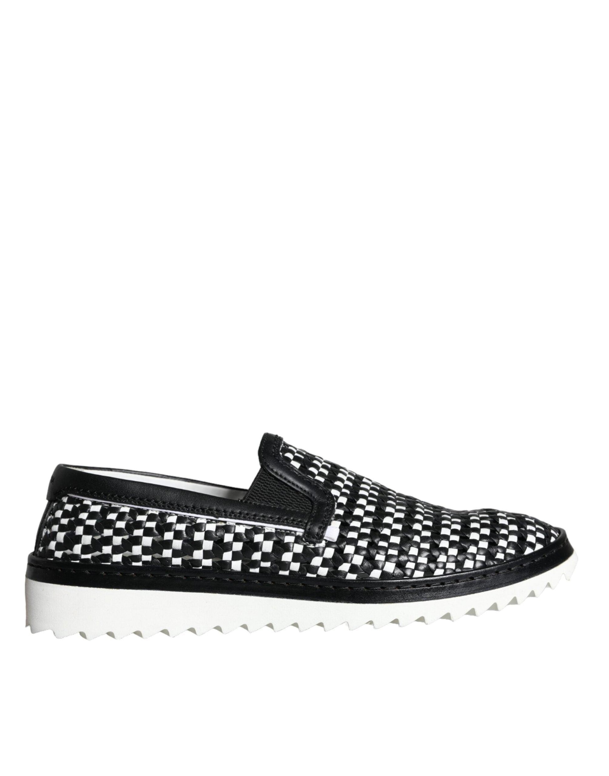 Dolce & Gabbana Black White Weaved Slip On Men Loafers Shoes - Arichezz.store