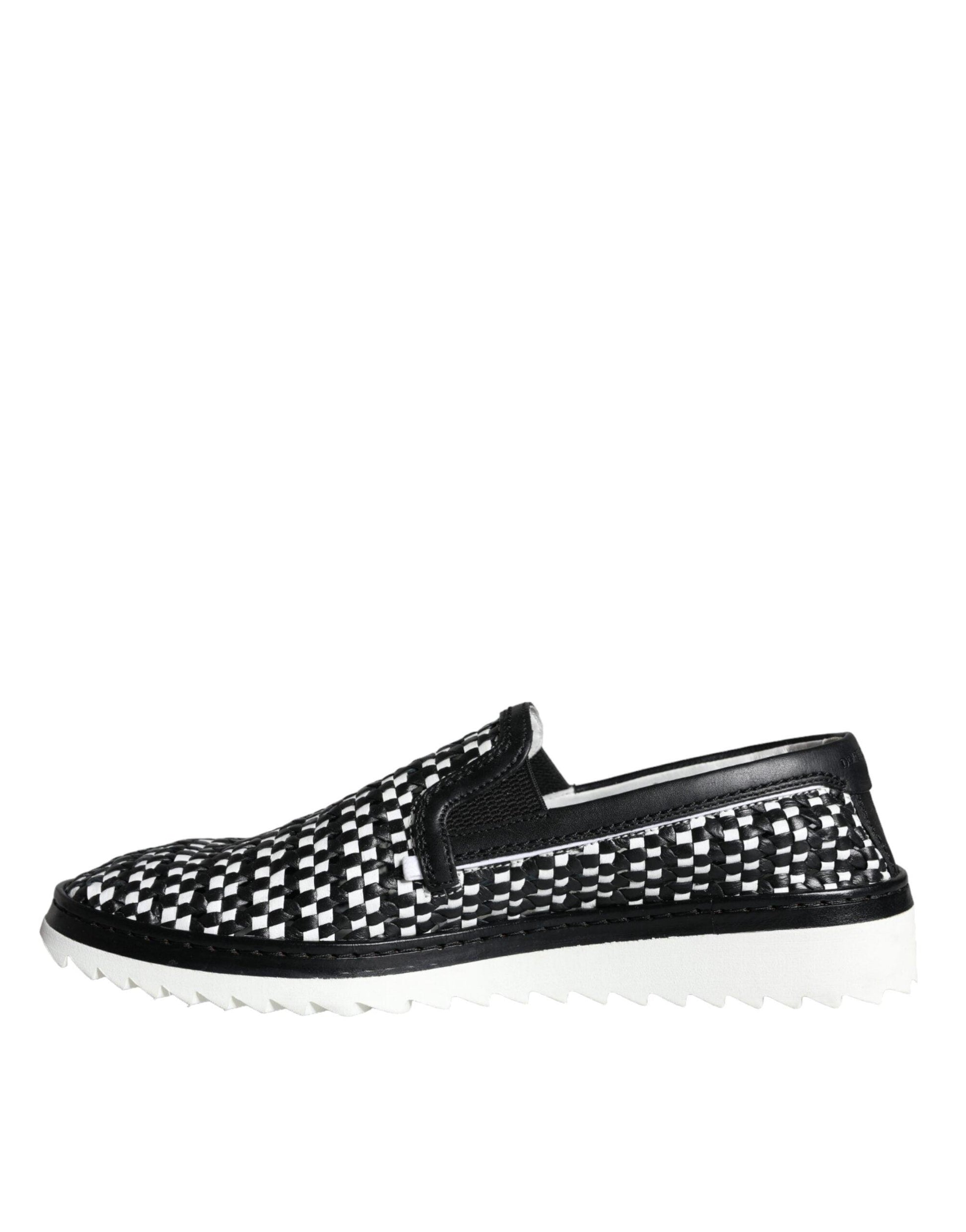 Dolce & Gabbana Black White Weaved Slip On Men Loafers Shoes - Arichezz.store