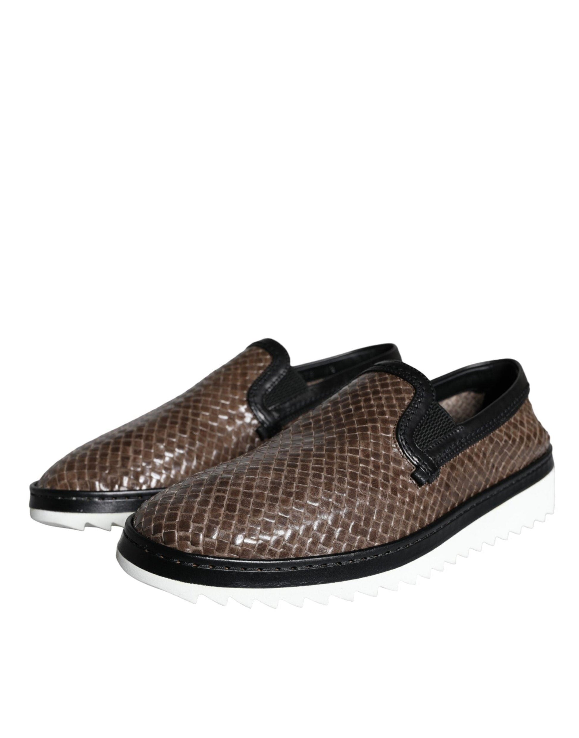 Dolce & Gabbana Brown Black Leather Weaved Men Loafers Shoes - Arichezz.store