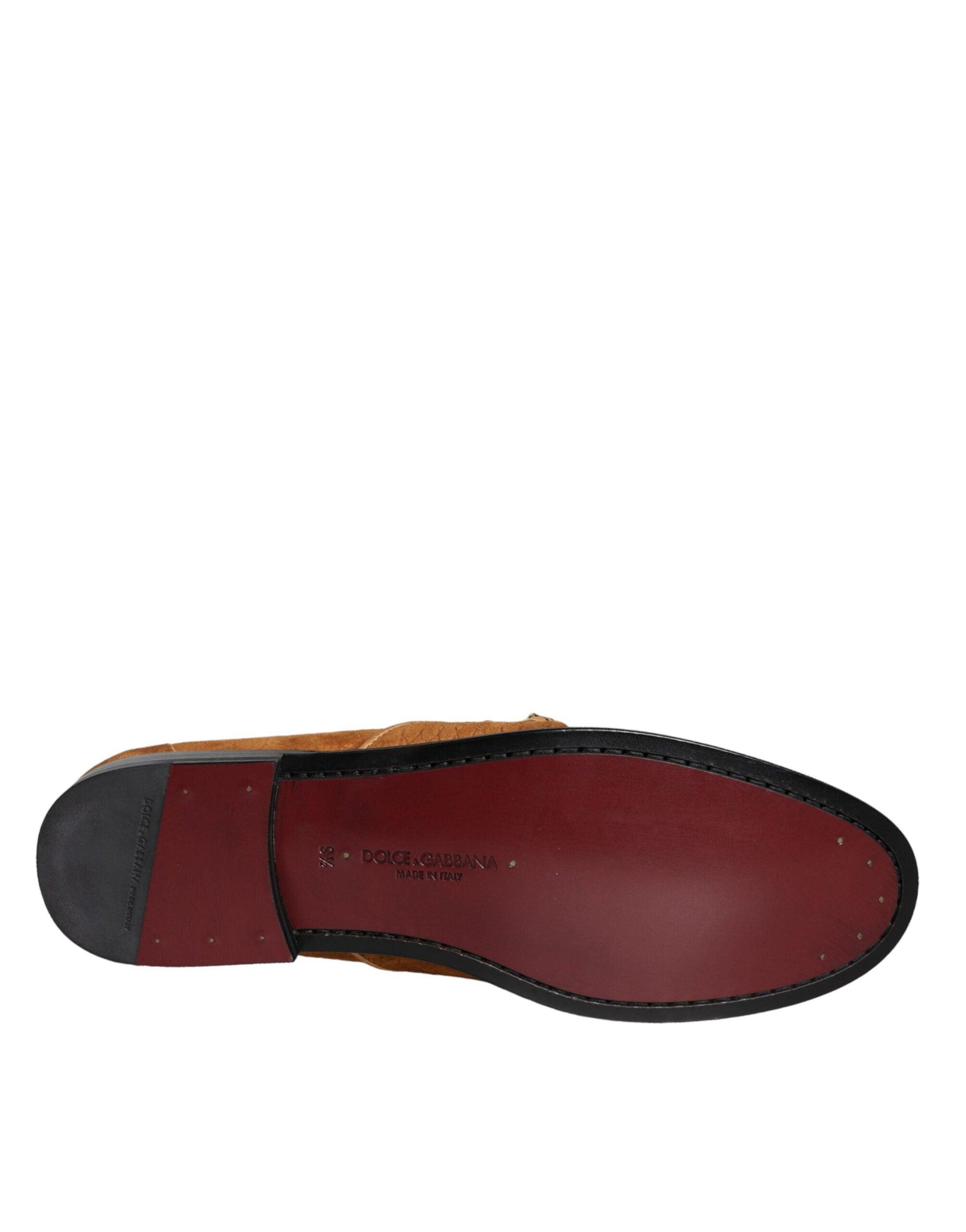 Dolce & Gabbana Brown Velvet Leather Logo Mocassin Slip On Shoes - Arichezz.store