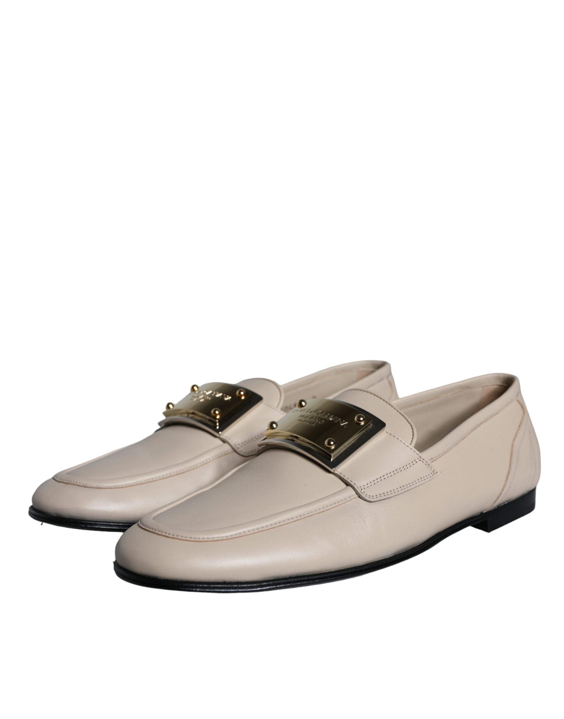 Dolce & Gabbana Beige Leather Logo Plaque Slip On Men Loafers Shoes - Arichezz.store