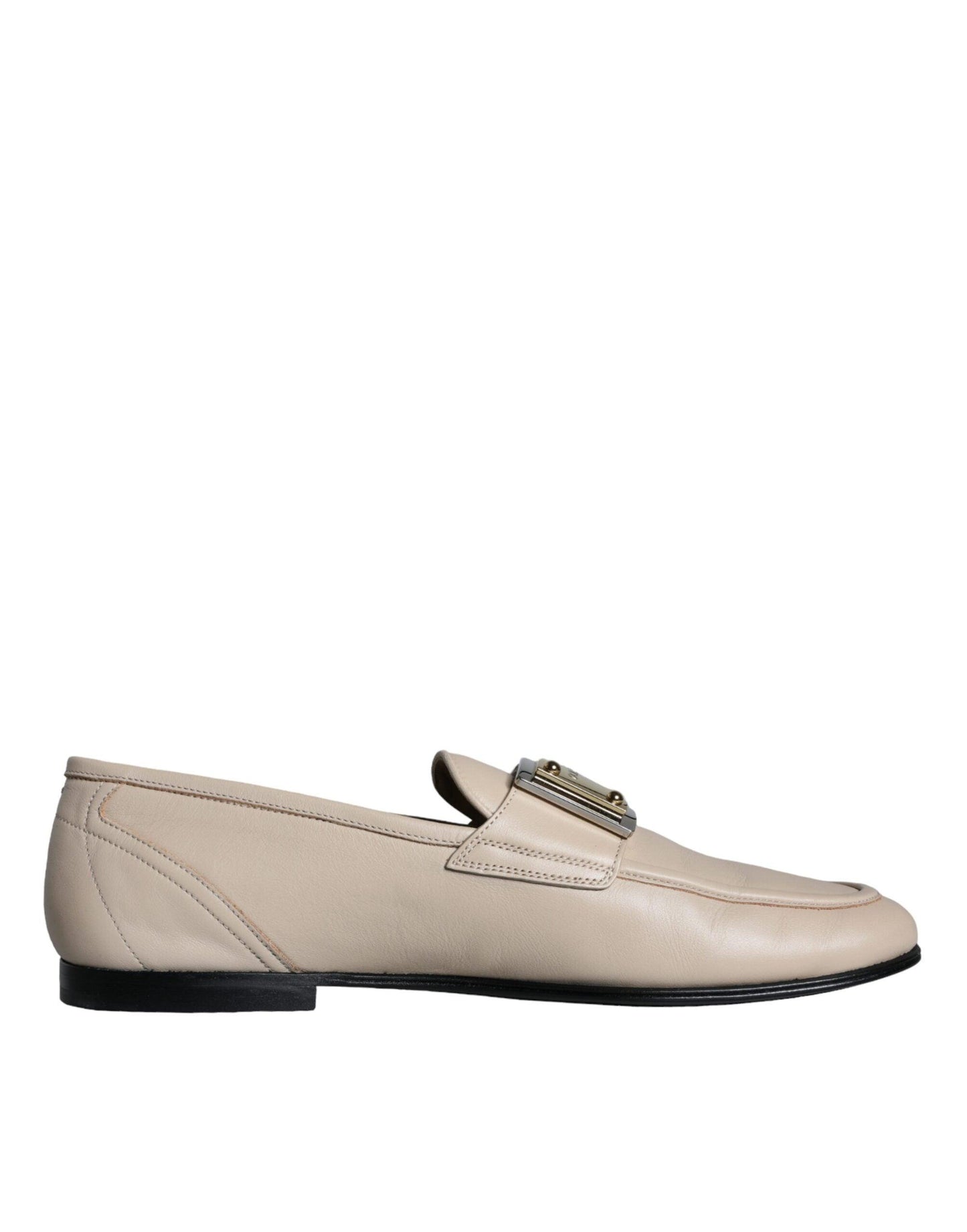 Dolce & Gabbana Beige Leather Logo Plaque Slip On Men Loafers Shoes - Arichezz.store