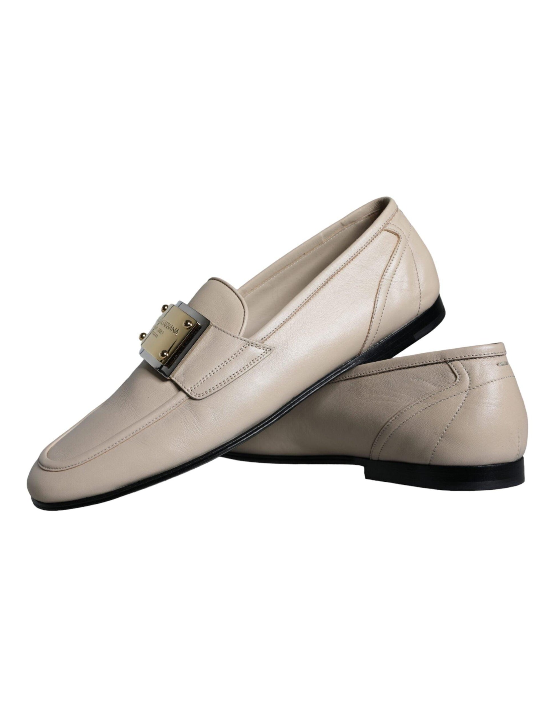 Dolce & Gabbana Beige Leather Logo Plaque Slip On Men Loafers Shoes - Arichezz.store