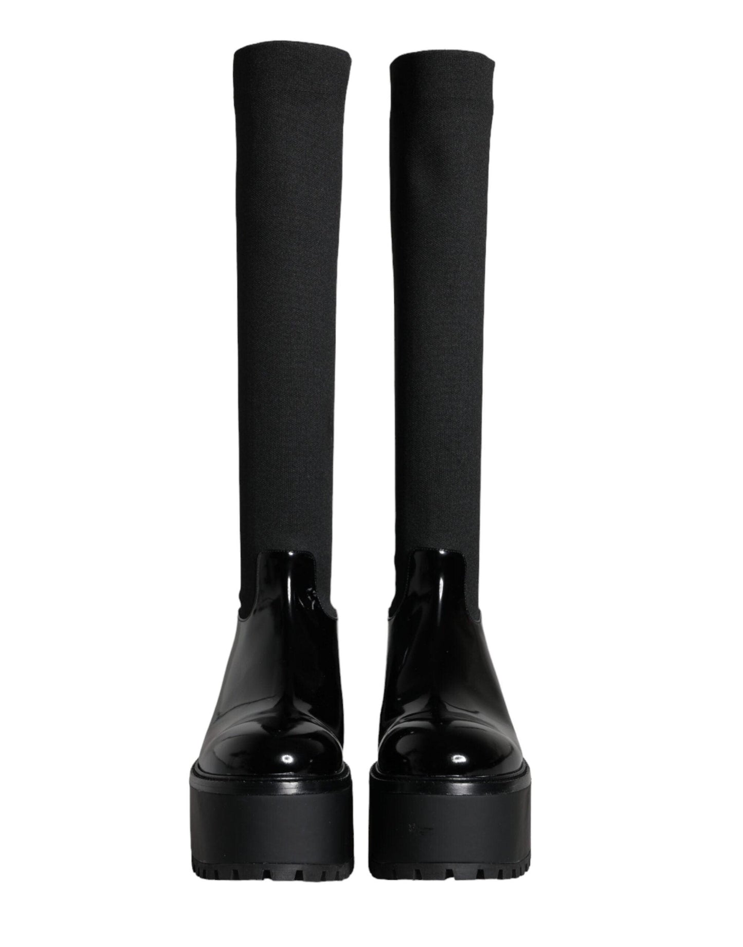 Dolce & Gabbana Black Leather Jersey Knee High Boots Shoes - Arichezz.store