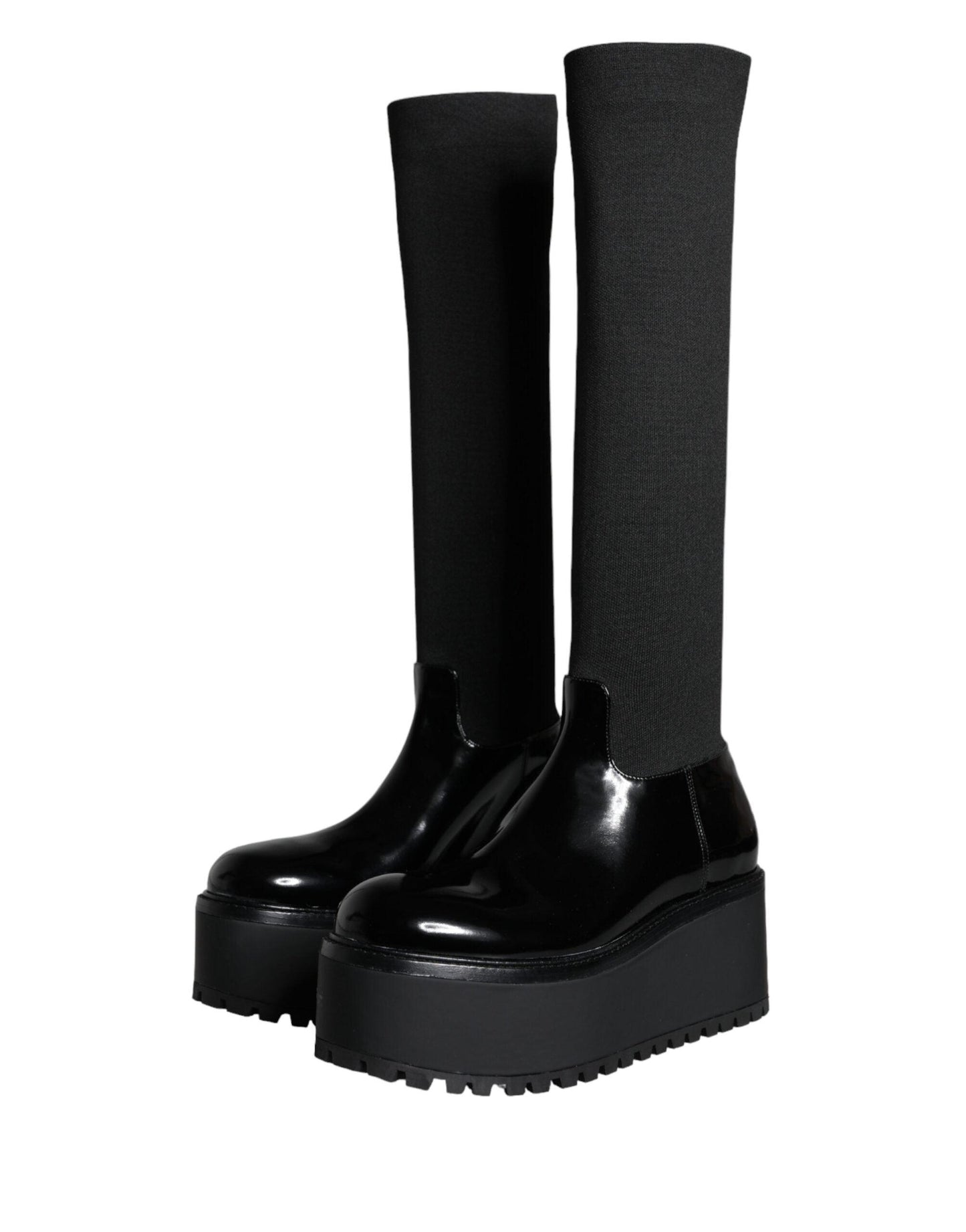 Dolce & Gabbana Black Leather Jersey Knee High Boots Shoes - Arichezz.store