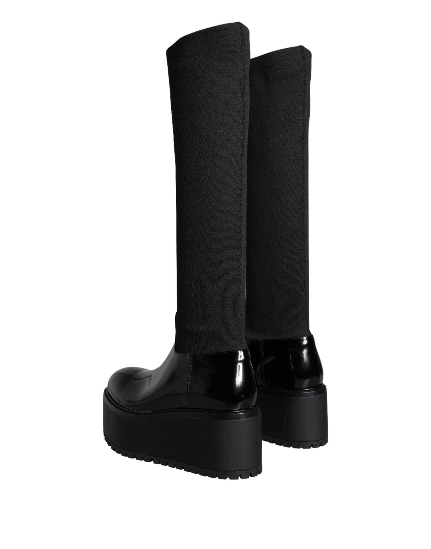 Dolce & Gabbana Black Leather Jersey Knee High Boots Shoes - Arichezz.store