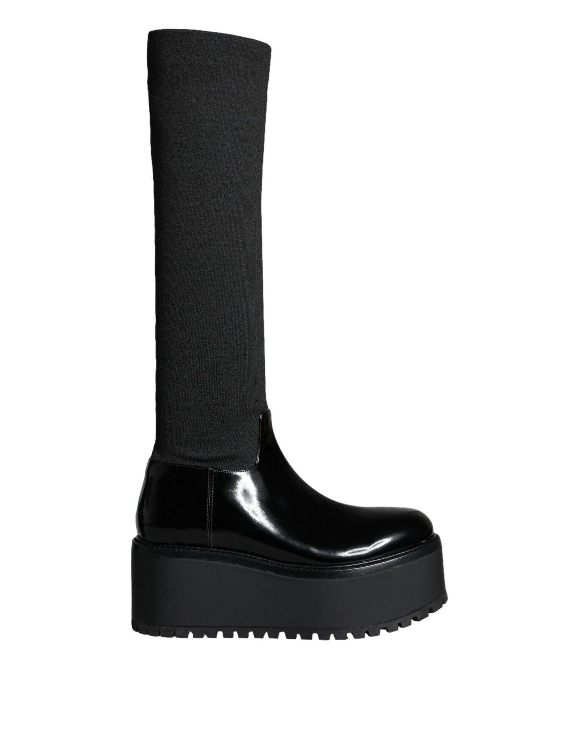 Dolce & Gabbana Black Leather Jersey Knee High Boots Shoes - Arichezz.store