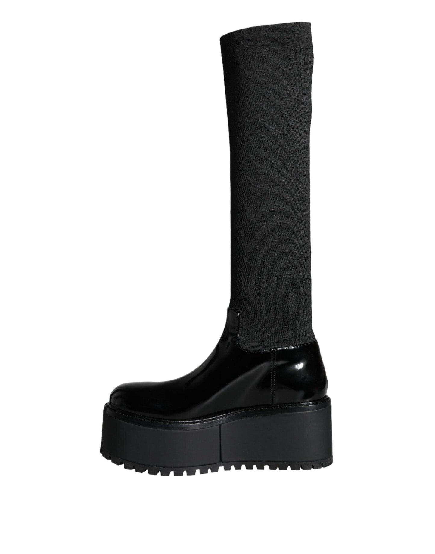 Dolce & Gabbana Black Leather Jersey Knee High Boots Shoes - Arichezz.store