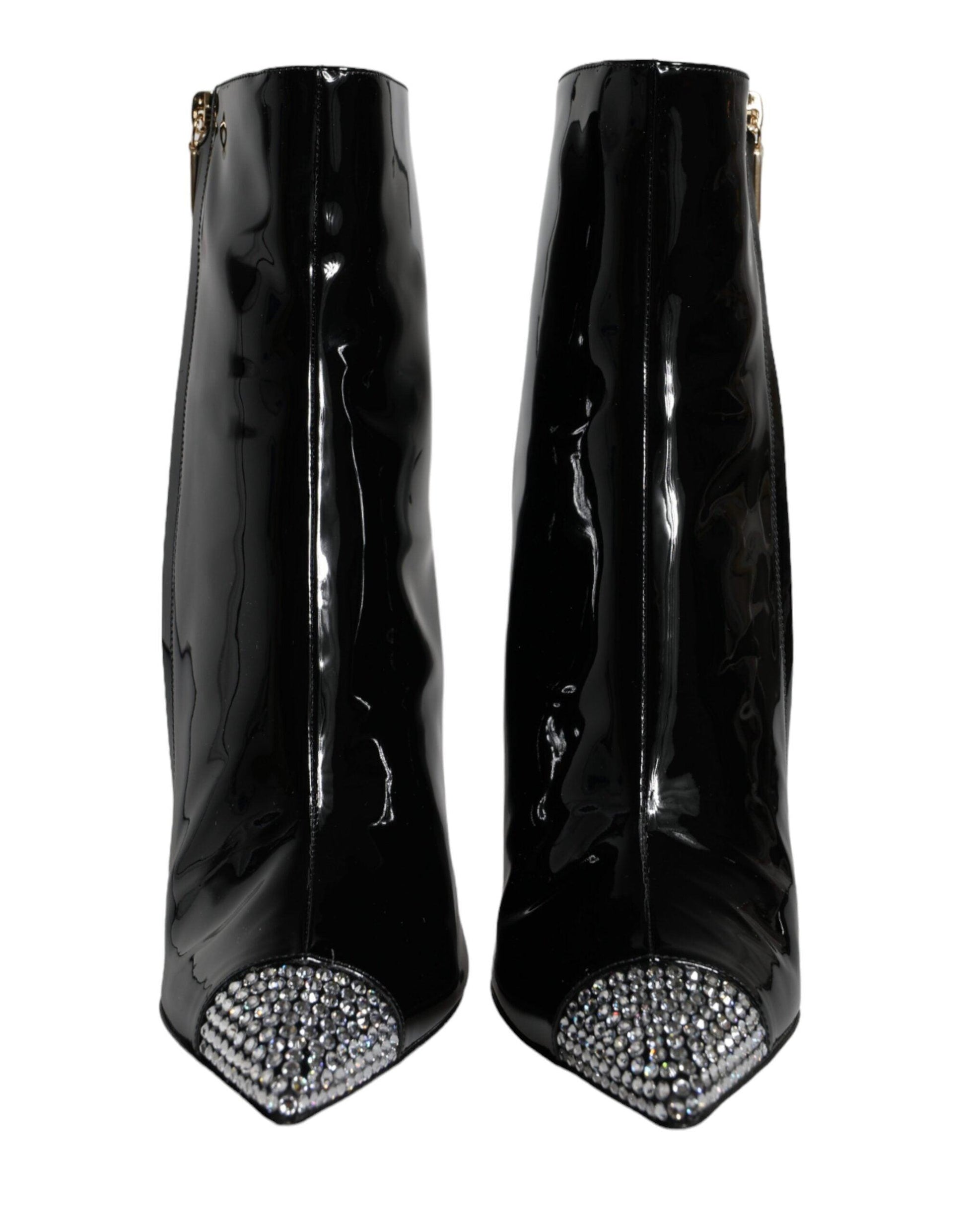 Dolce & Gabbana Black Patent Leather Crystal Heel Boots Shoes - Arichezz.store