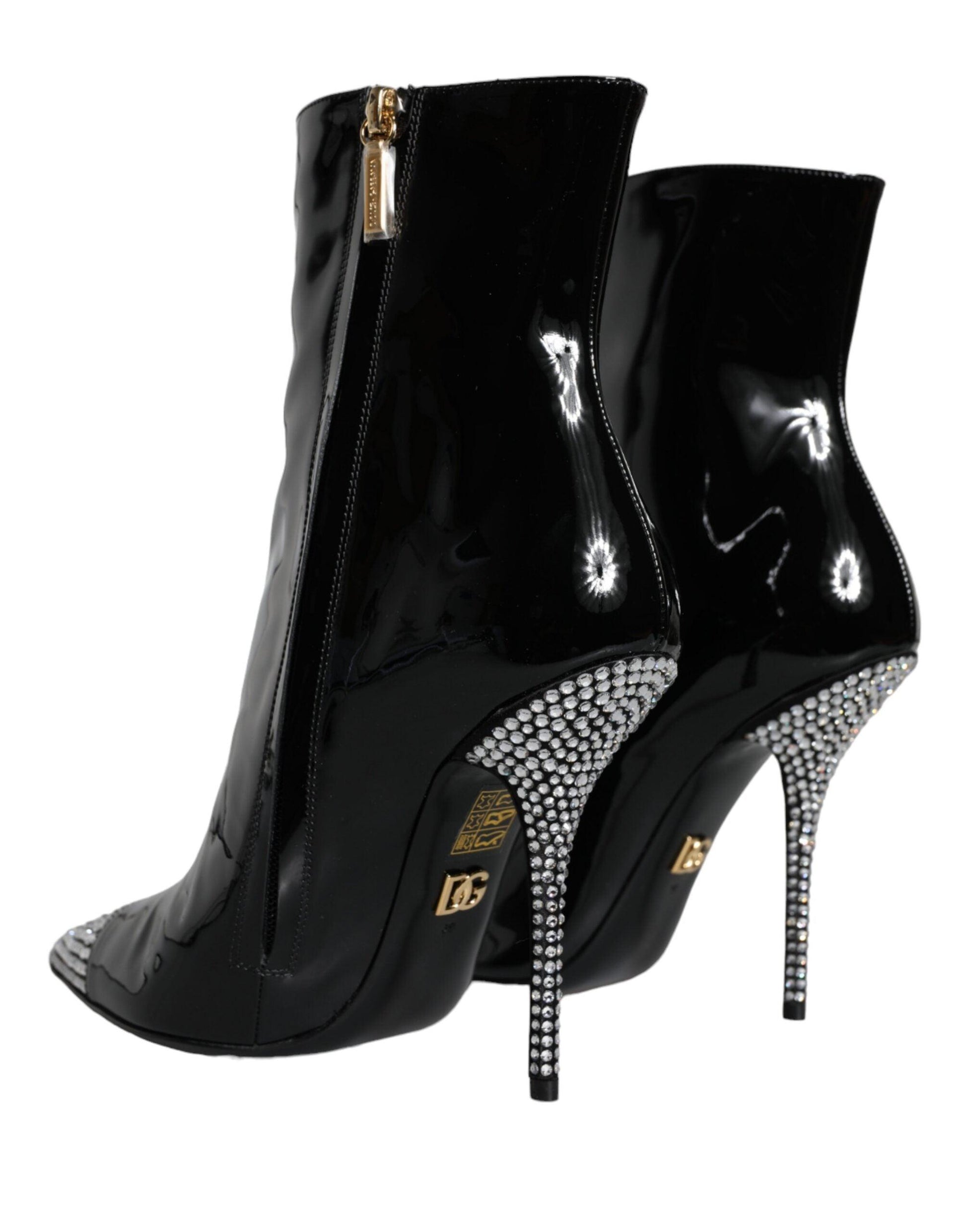 Dolce & Gabbana Black Patent Leather Crystal Heel Boots Shoes - Arichezz.store