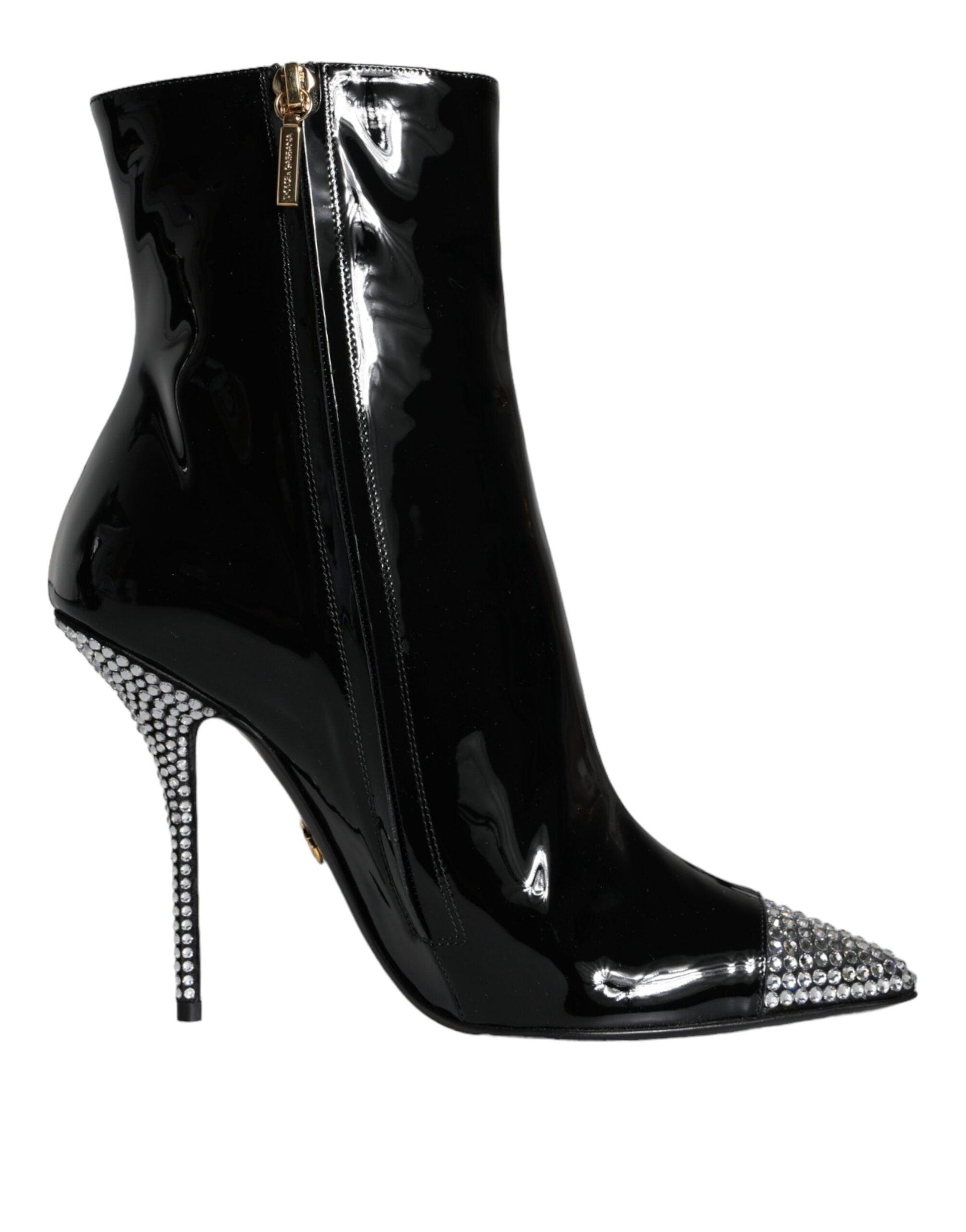 Dolce & Gabbana Black Patent Leather Crystal Heel Boots Shoes - Arichezz.store